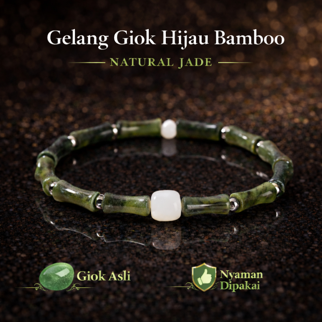 Gelang Giok Hijau Natural Model Bamboo Batu Putih | Gelang Batu Alam Giok Pria Wanita