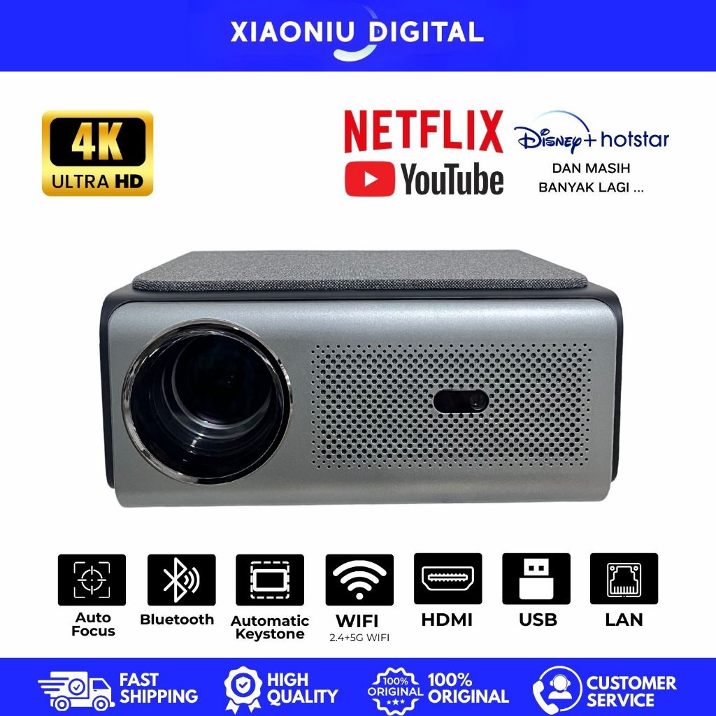 Android Smart Projector - Support 16:9 Ratio 4K Res Autofocus Bluetooth WiFi Screen Mirroring