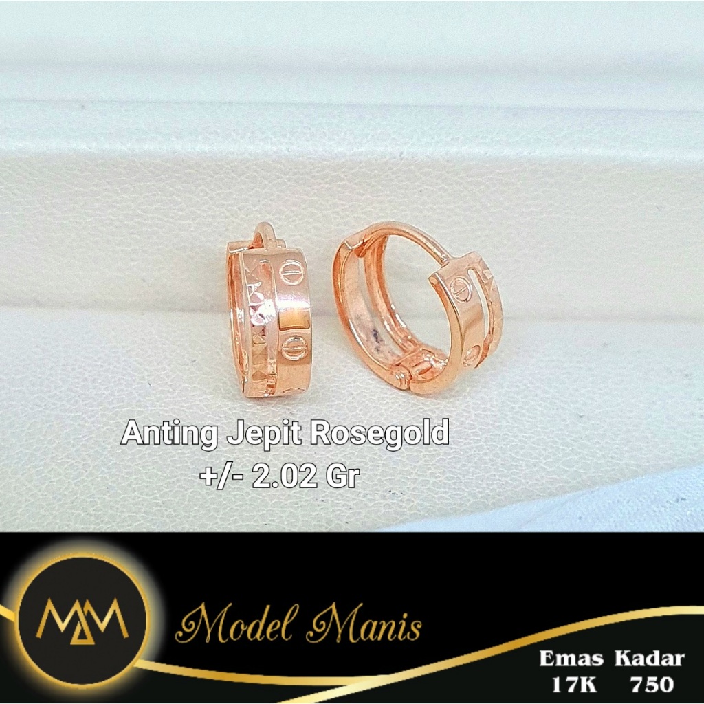 Anting jepit bulat emas rosegold putih 750 kadar 17 K
