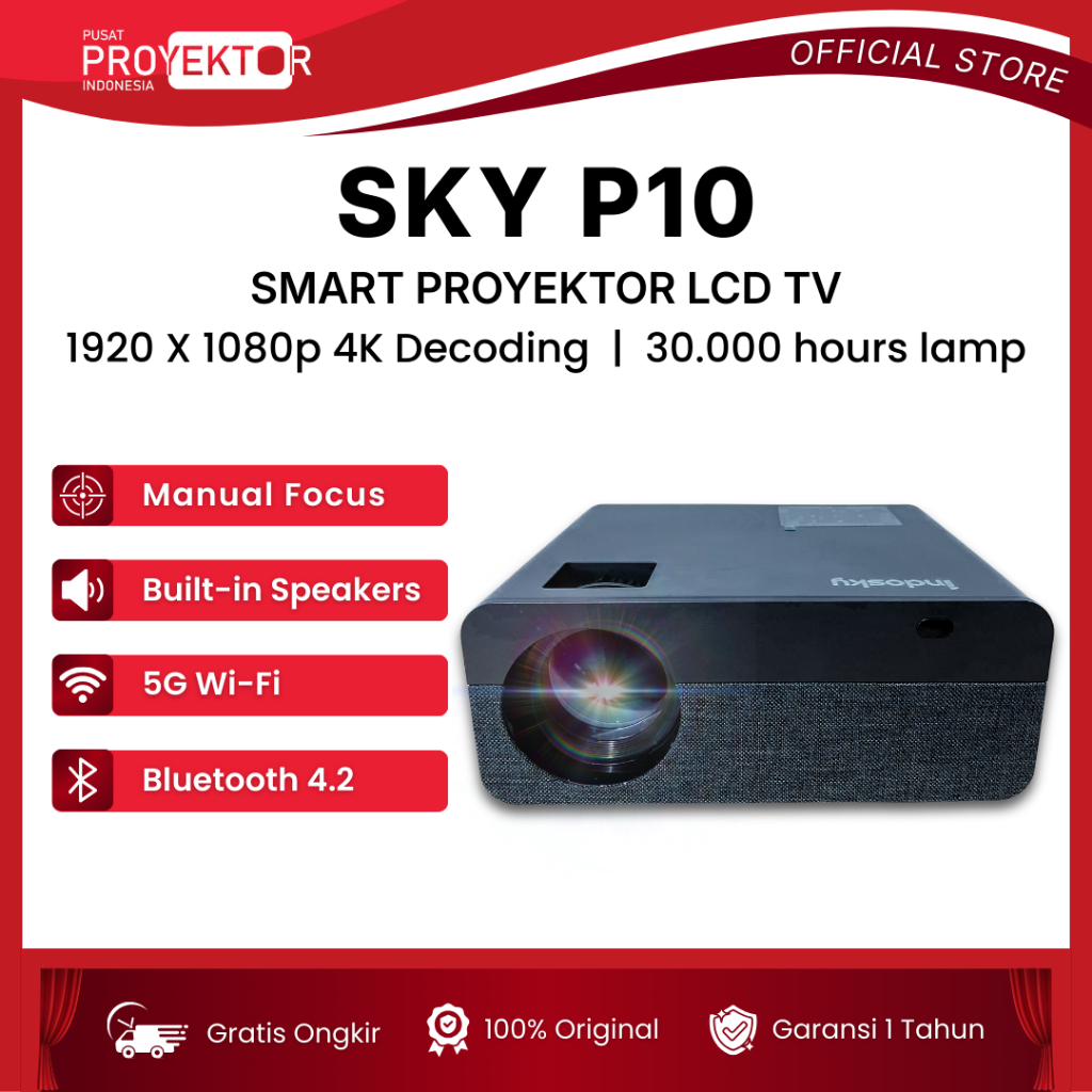 PPI - Indosky P10 Pro Android Projector 10000 Lumens Support 4K Layar Hingga 200" Wifi