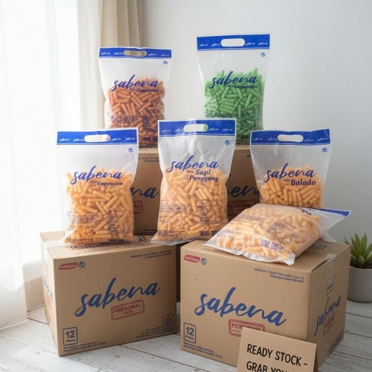 Sabena Snack 1 Dus Isi 12pcs 135gr – Snack Jagung Ringan Sabena Varian Keju / Balado / Sapi Panggang