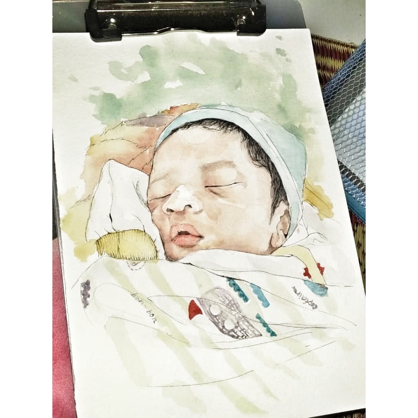 Custom lukis Cat air. pajangan/ kado ulang tahun, pernikahan, kelahiran, wisuda dll (Tanpa Frame)