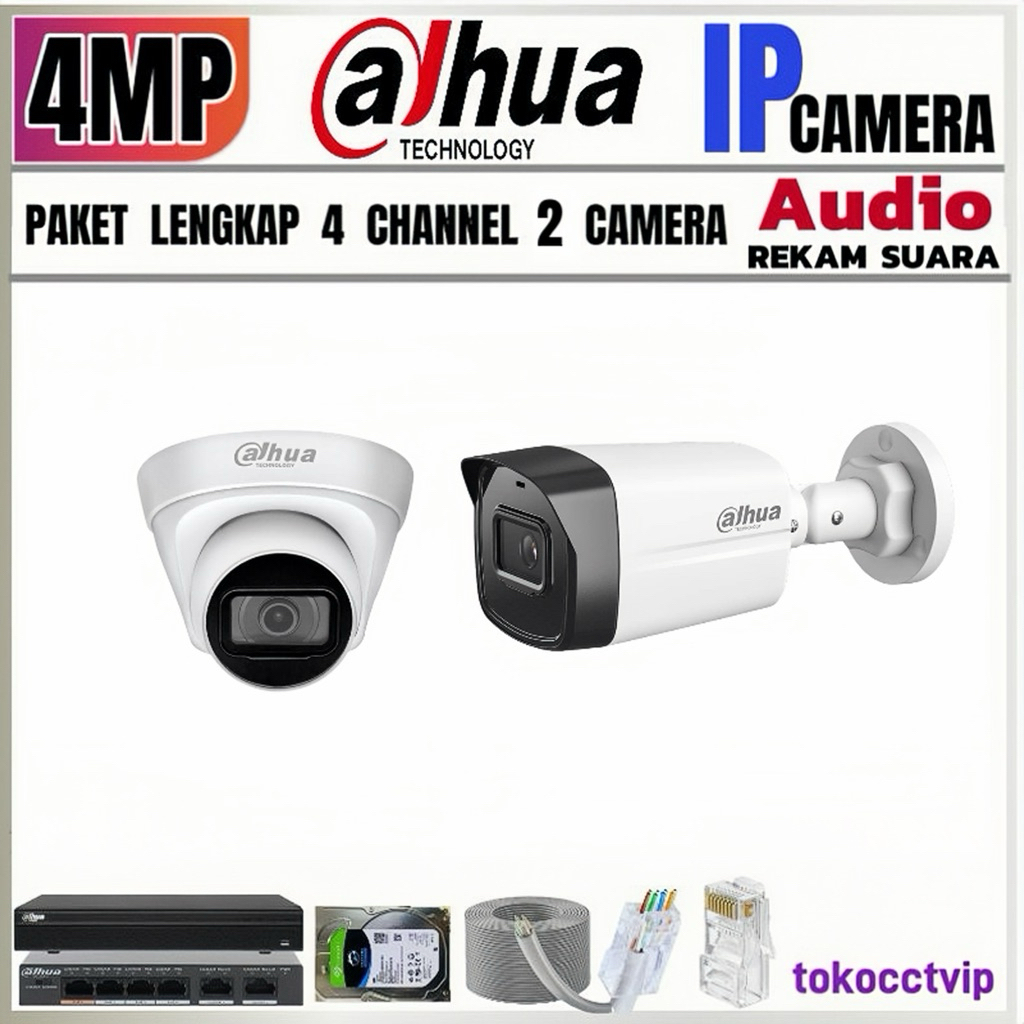 PAKET CCTV DAHUA  IP  KAMERA  4MP AUDIO  4 CH  2 KAMERA ( REKAM  SUARA ) KOMPLIT