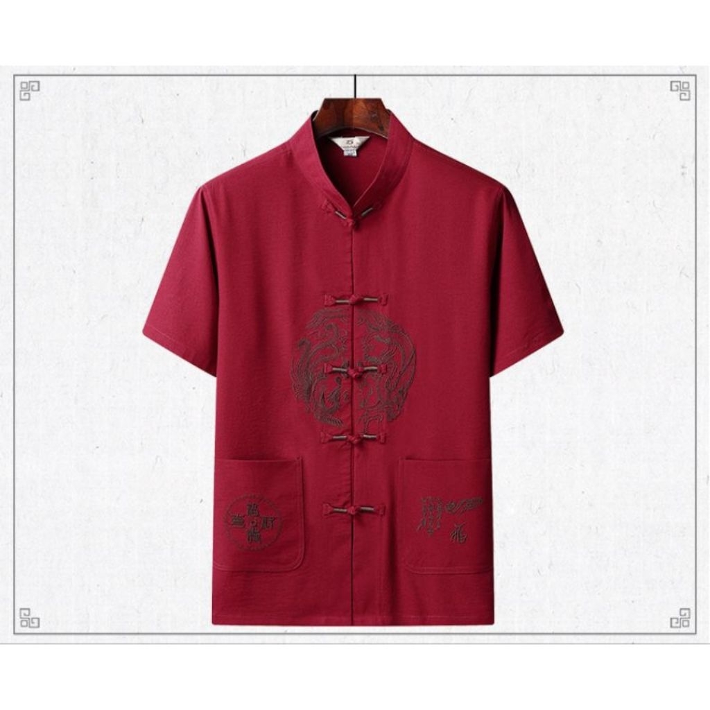 Cheongsam Pria Lengan Pendek Motif naga Bahan Satin