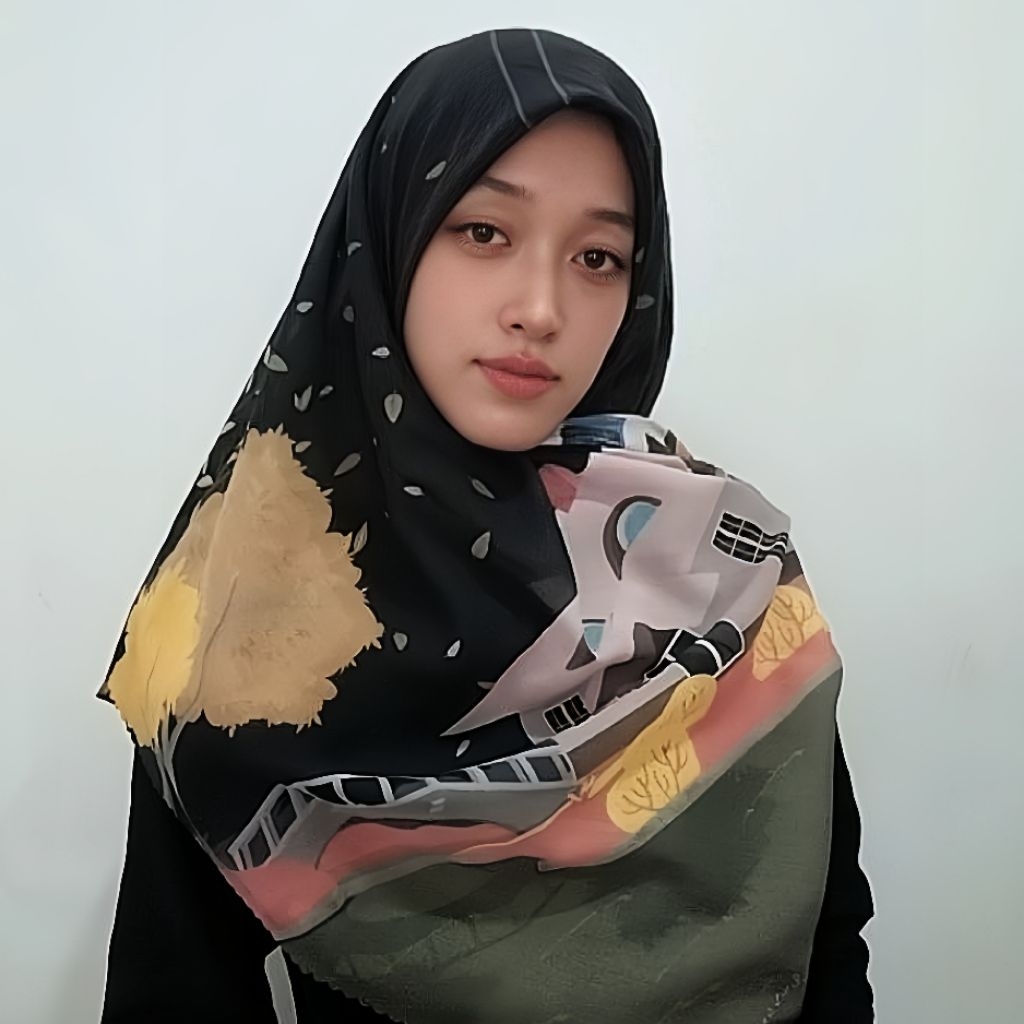 Preloved Bekas Second Jilbab Segiempat Motif Rumah Daun Hitam Oren Unik | Hijab Syari Muslimah Panja
