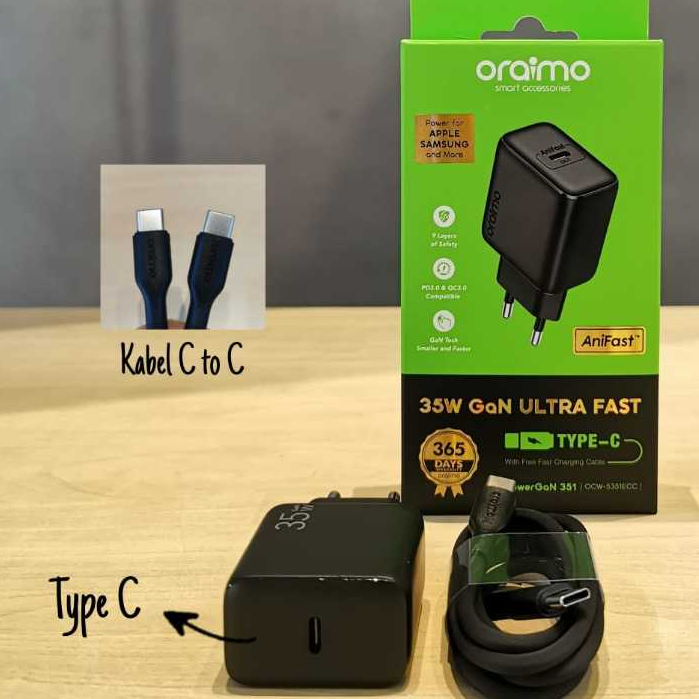 5351ECC Oraimo Charger 35W TYPE C To TYPE C Ultra Fast Charging Powergan 351 PD 3.0 Quallcom 3.0 Com