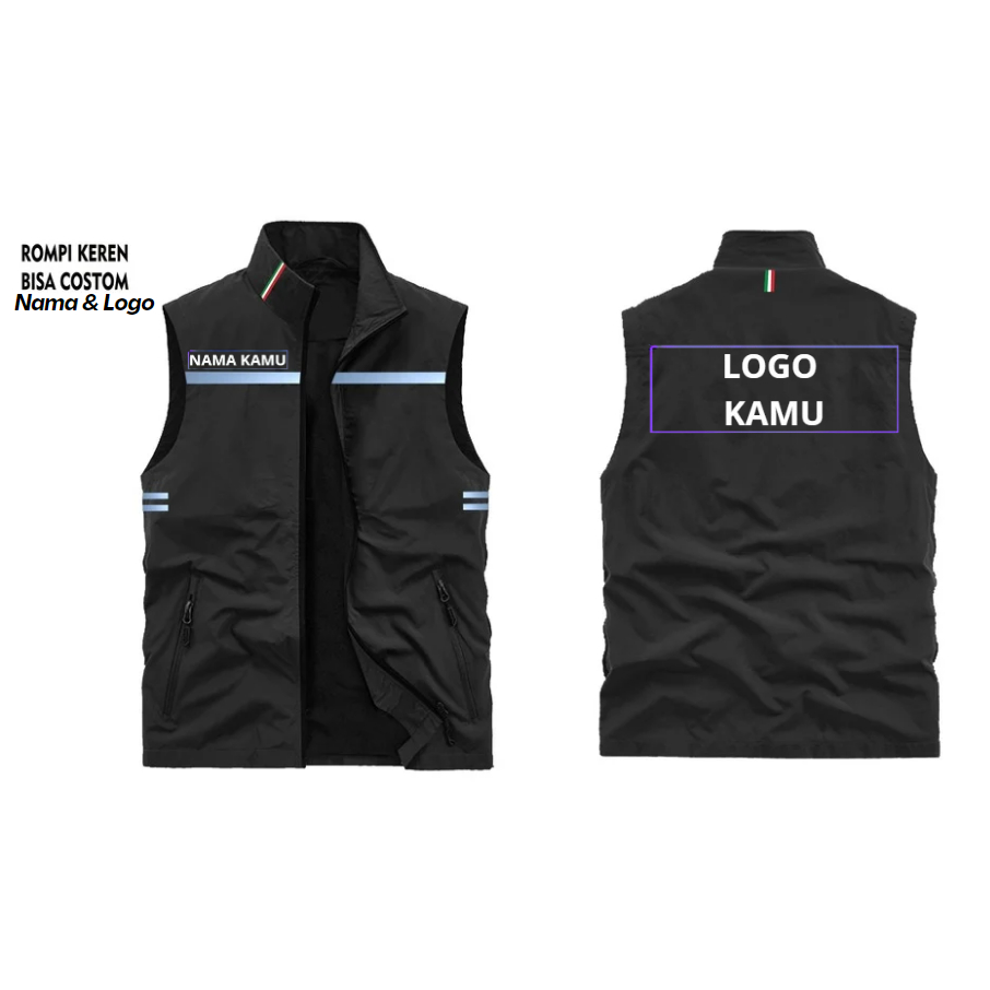 Rompi Outdoor Custom Nama & Logo Free | Rompi Vest Casual | RompiSeragam Custom Logo & Nama Sendiri 