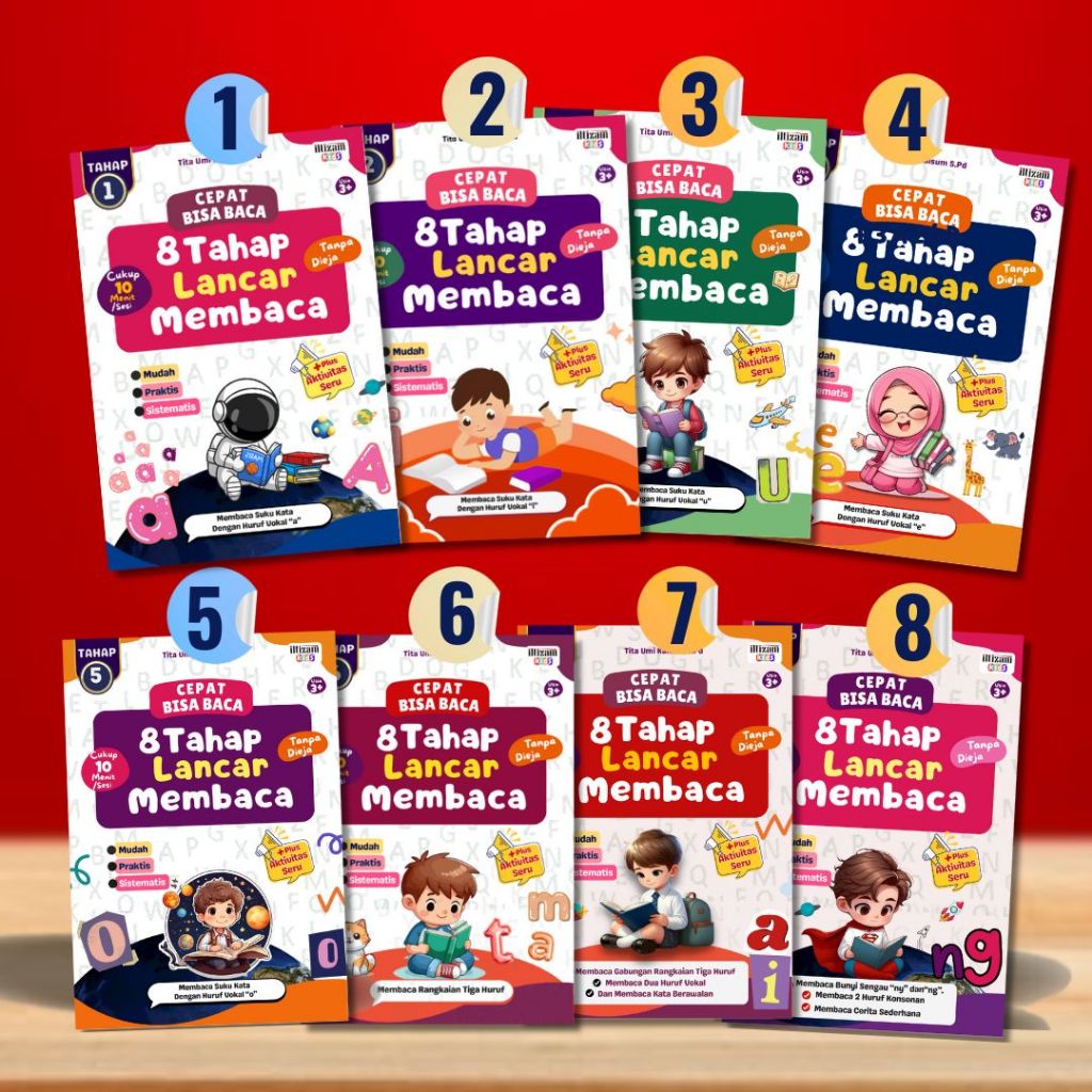 (Dapat 8 Buku) Buku 8 Tahap Lancar Belajar  Membaca Tanpa Dieja10 menit Anak PAUD/ TK 3,4,5 tahun