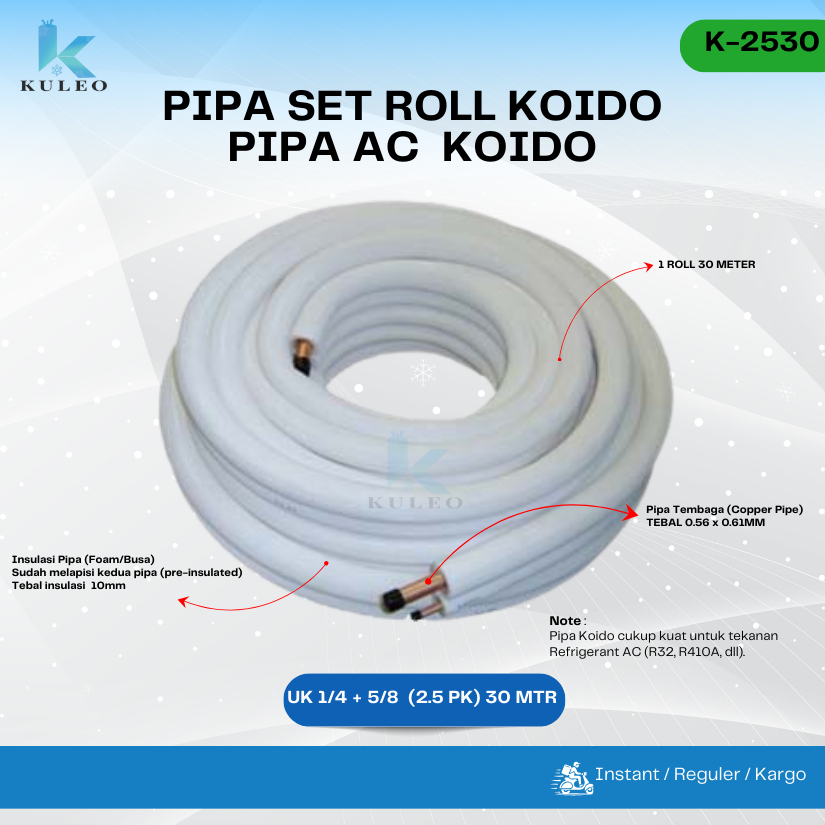 Pipa Set AC Koido 2.5 PK 1/4 + 5/8 Tembaga Asli - Pipa Set Koido 2.5Pk 30M - Pipa Set AC Koido 2.5PK