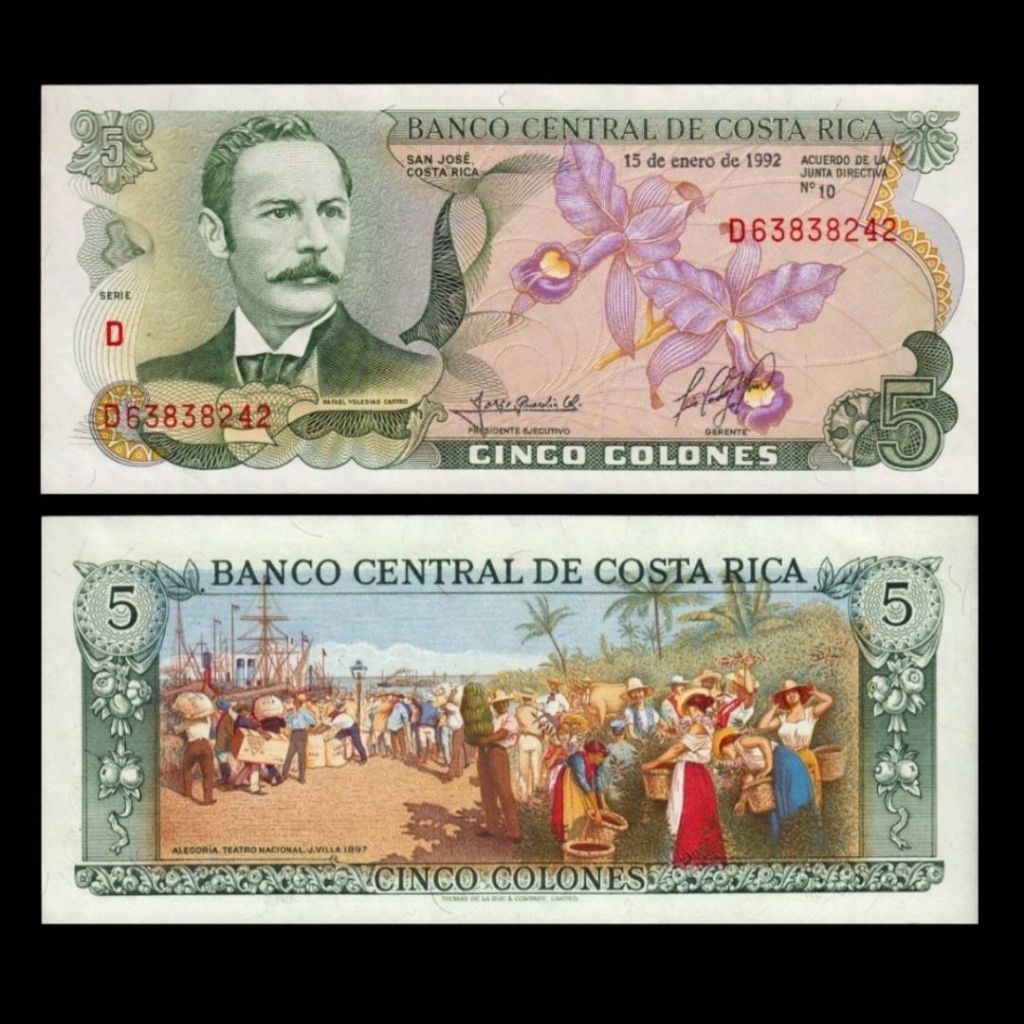 UANG ASING COSTA RICA 5 COLONES 1992 UNC GRESS BEAUTIFUL DESIGN