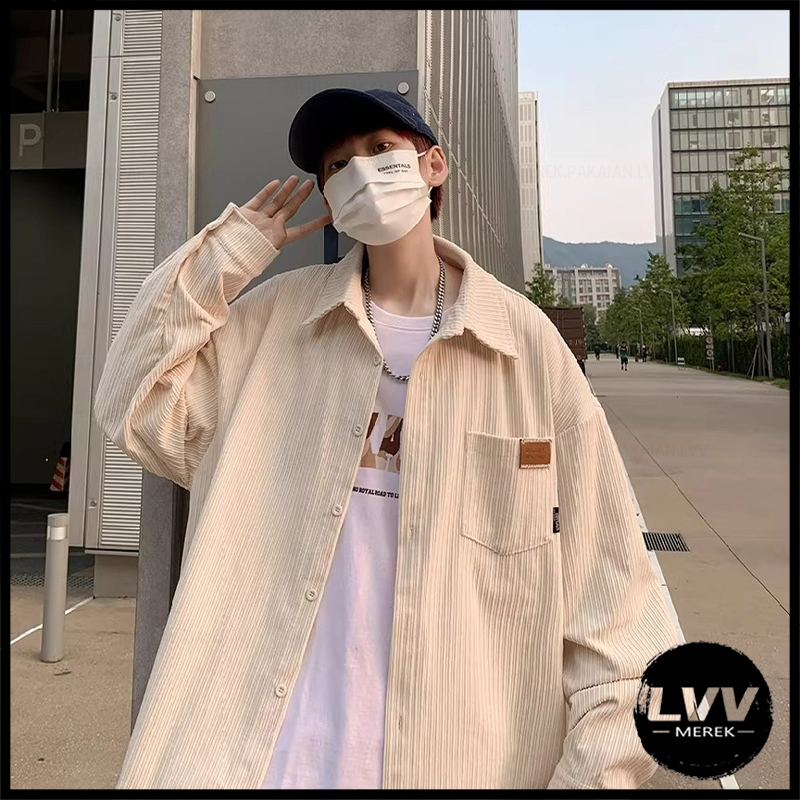 kemeja pria lengan panjang Pria Corduroy Boxy Casual mantel Korea Keren Shacket Lengan panjang Pleec