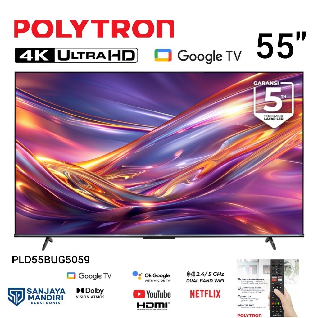GARANSI 5 TAHUN POLYTRON UHD 4K 55" Google TV POLYTRON TV 55 Inch 4K UHD Smart Google TV PLD 55UG505