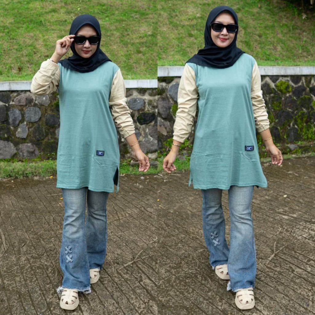 TUNIK KOMBINASI JUMBO POLOS TANGAN PANJANG OVERDEK JAHITAN KOMBINASI WARNA BAHAN KATUN KOMBET 20S KU
