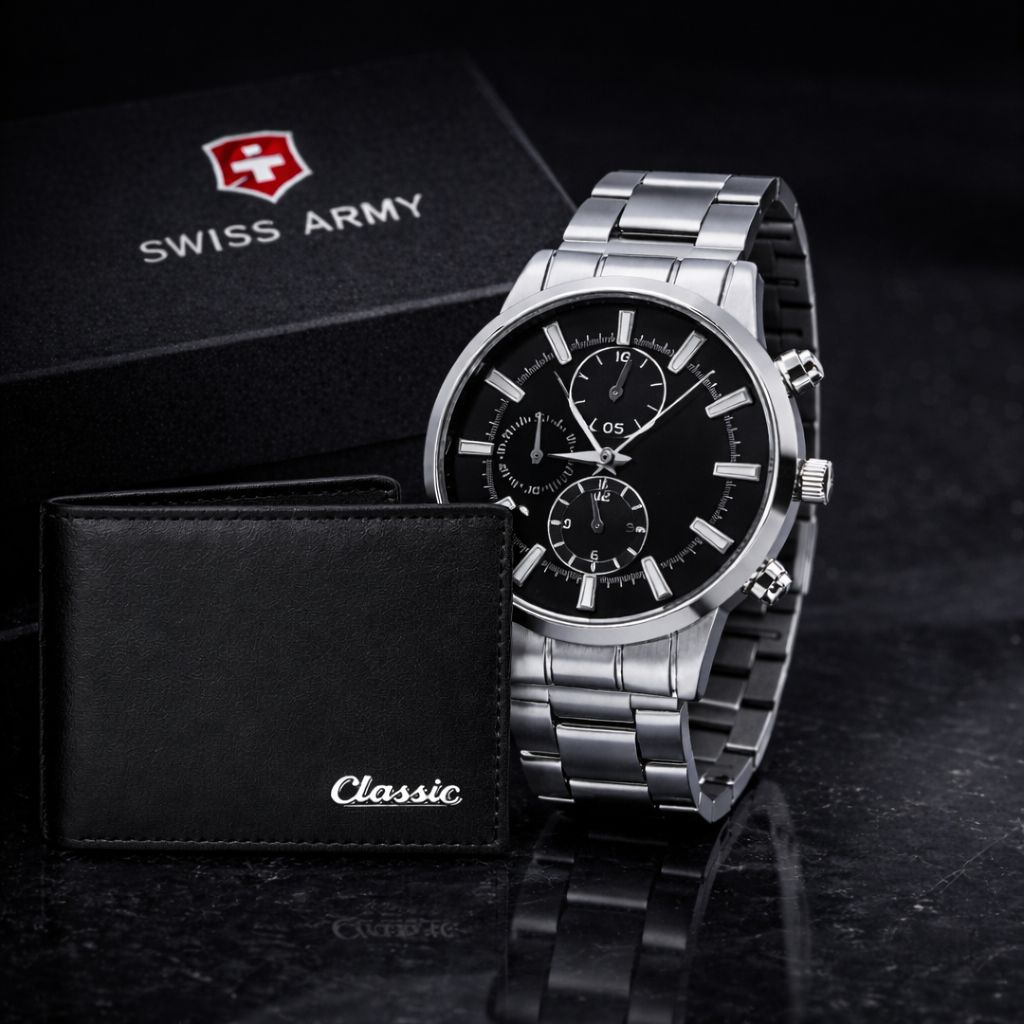 Dompet Lipat Cowok Kulit Sintetis Gratis Jam Tangan Pria Analog Import Keren - Paket Kado Untuk Pria