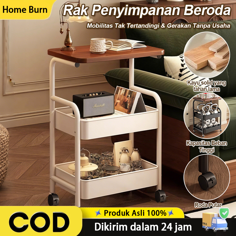 [COD] Meja Penyimpanan Beroda-Kayu Solid/Baja Karbon-Meja Sofa-Meja Ruang Tamu-Lapis Rak Penyimpanan