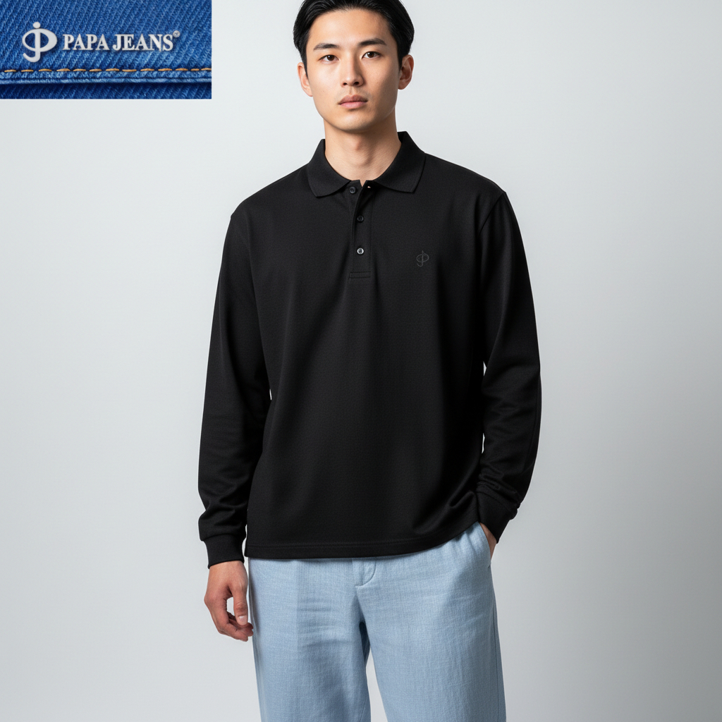 Kaos Kerah Polo Shirt Lengan Panjang Papa Jeans Hitam