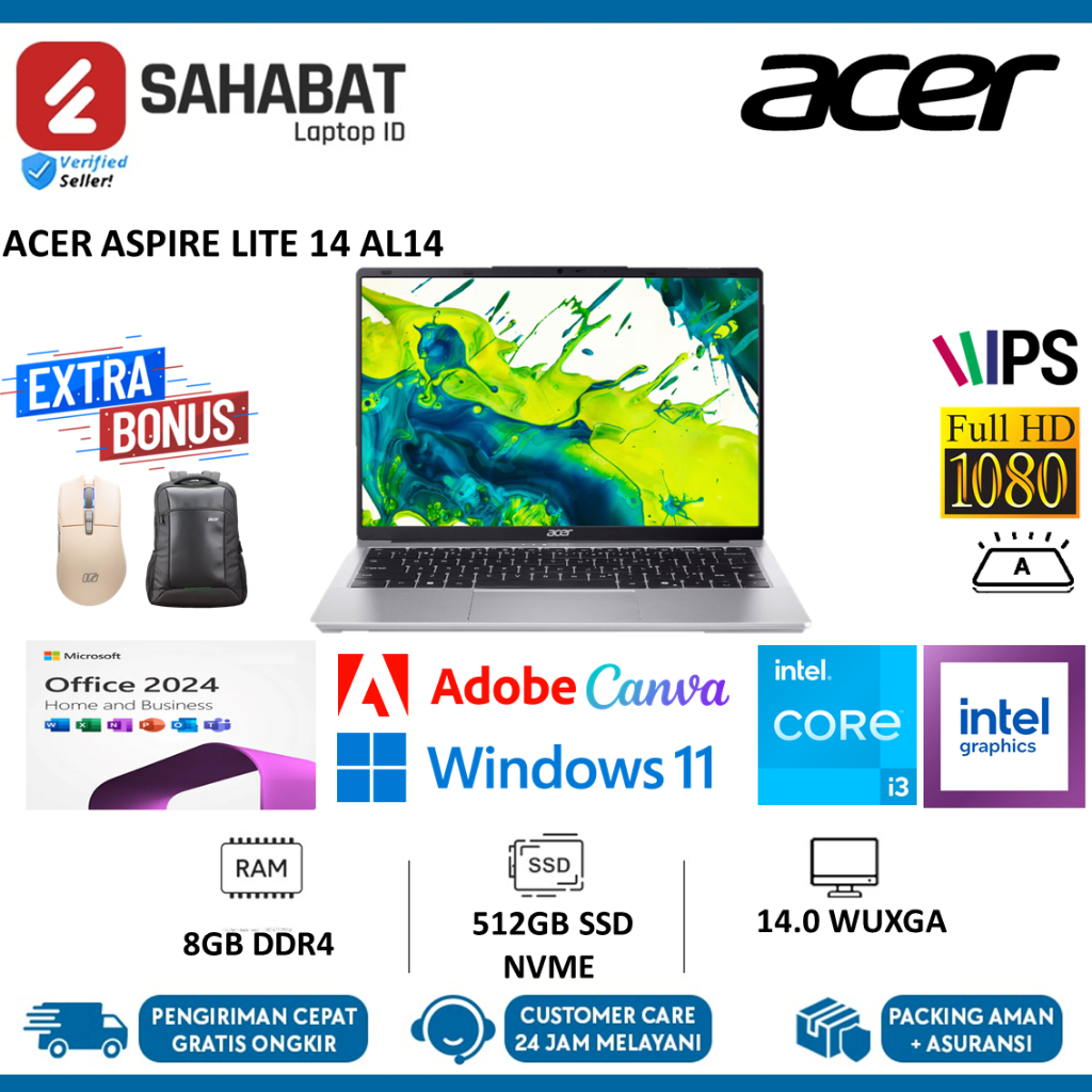 Laptop Baru Acer Aspire Lite 14 AL14 Intel i3 N335 8GB DDR5 512GB SSD NVME 14" WUXGA Win 11 Office