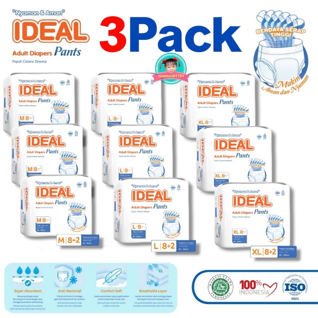 (3BALL)IDEAL Popok Dewasa Tipe CELANA M8+2/L8+2/XL8+2 Anti Bocor, Anti Ruam & Nyaman