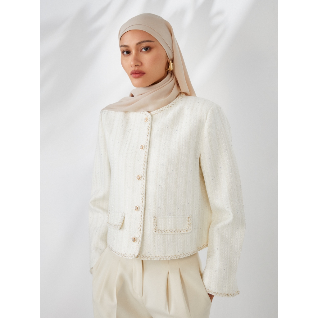 Pomelo - Blazer Wanita - Sequin Textured Blazer - Cream