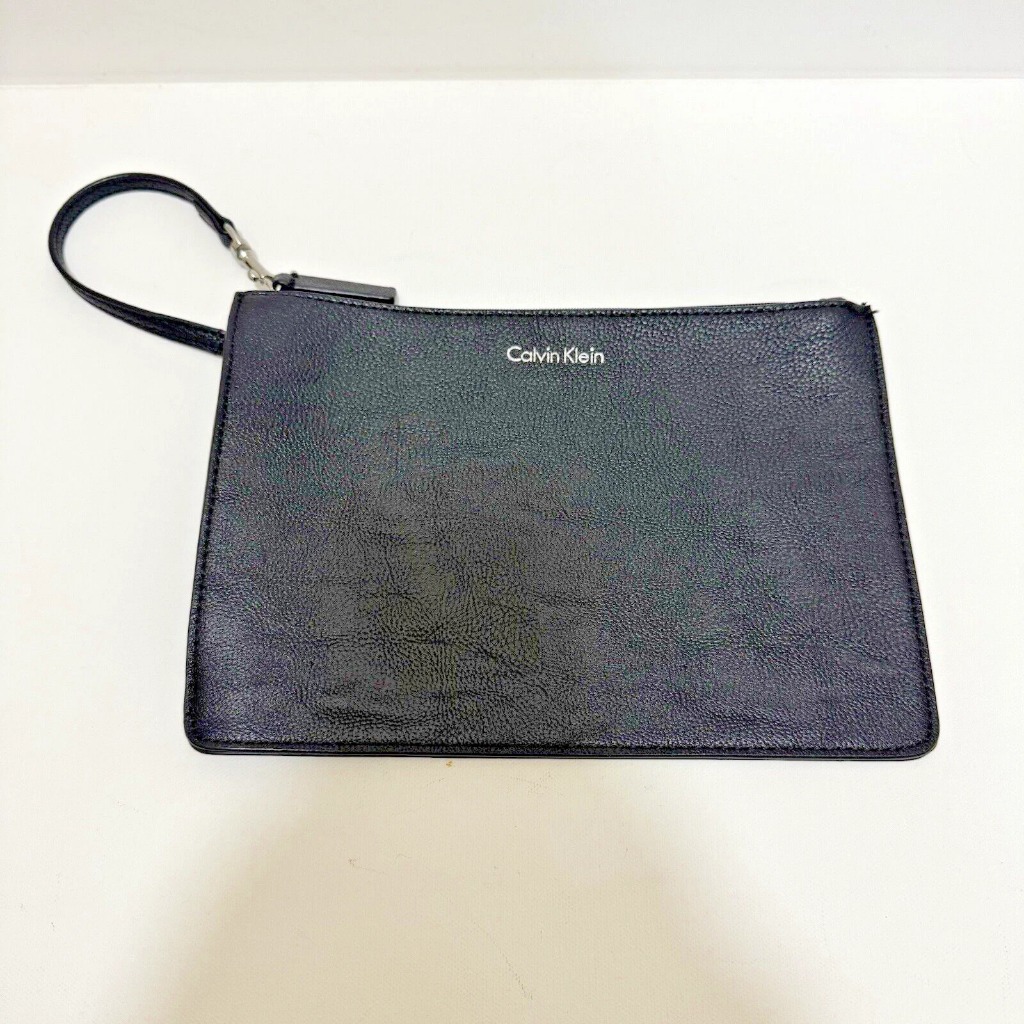 Tas Calvin Klein Clutch Kulit Purse Black Leather Wristlet Cosmetic Makeup Bag ORIGINAL PRELOVED