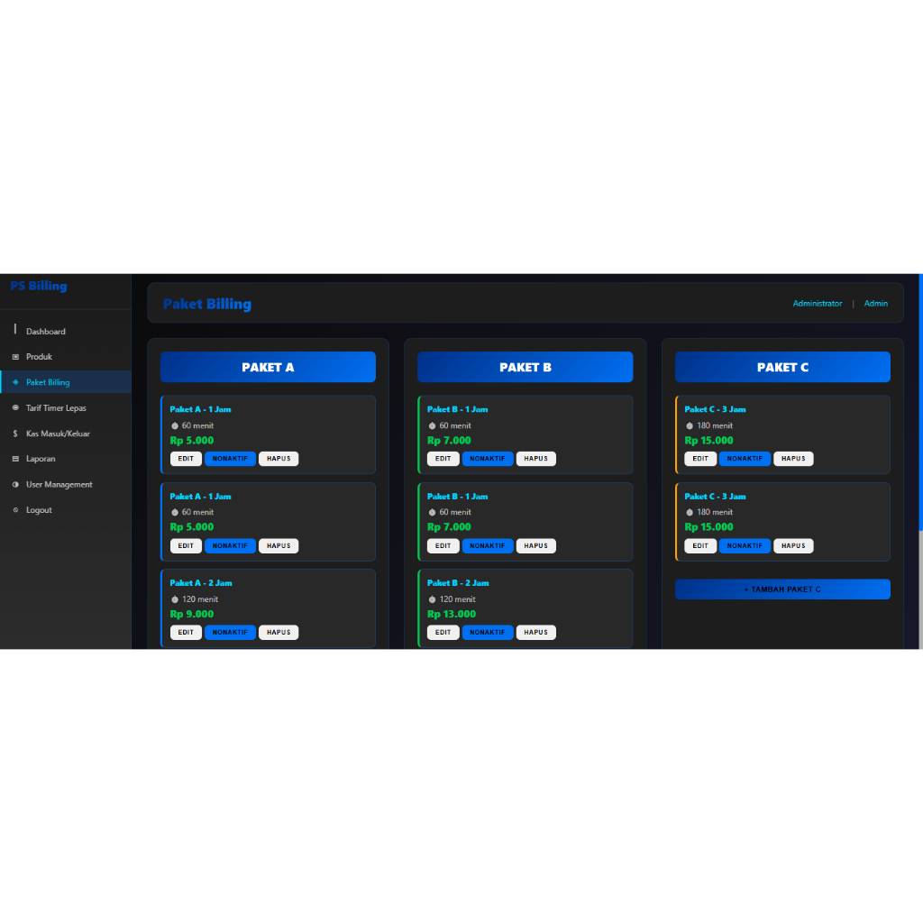 Aplikasi PS Billing Rental PlayStation | Paket Jam & Timer Lepas