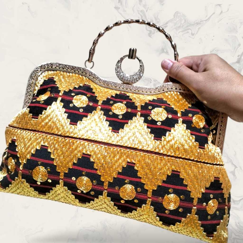 Tas Pesta Mewah Tapis Lampung Sulam Tangan Benang Emas – Handbag Kisslock Wanita - Lampung Heritages