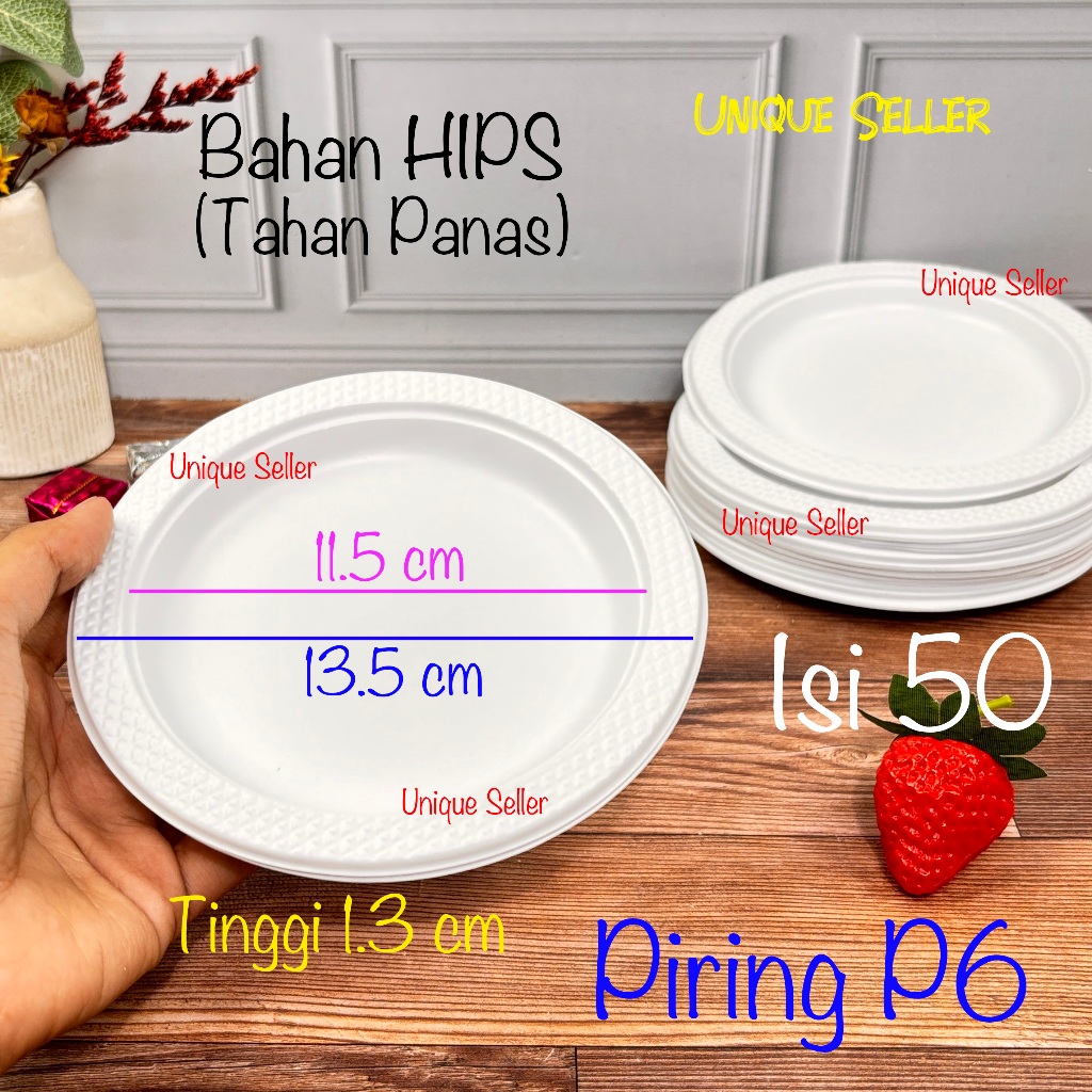 [Isi50] Piring Makan Putih Plastik 13.5 cm PR6 P6 Uk 6 Foodgrade Tahan Panas Tebal Sekali Pakai