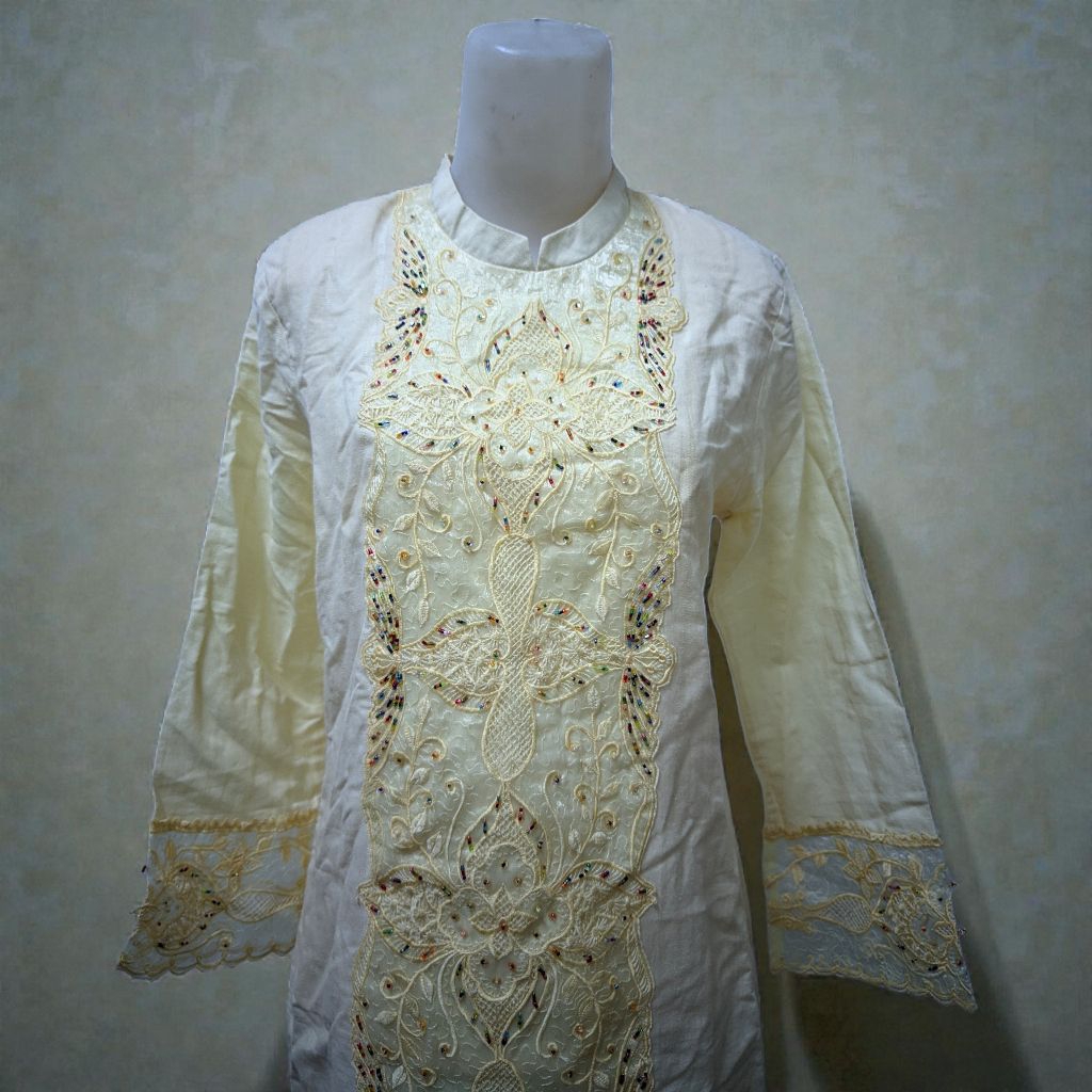 Setelan Kebaya Modern Kurung Wanita Ivo*ry Bordir Mewah Full Set Celana