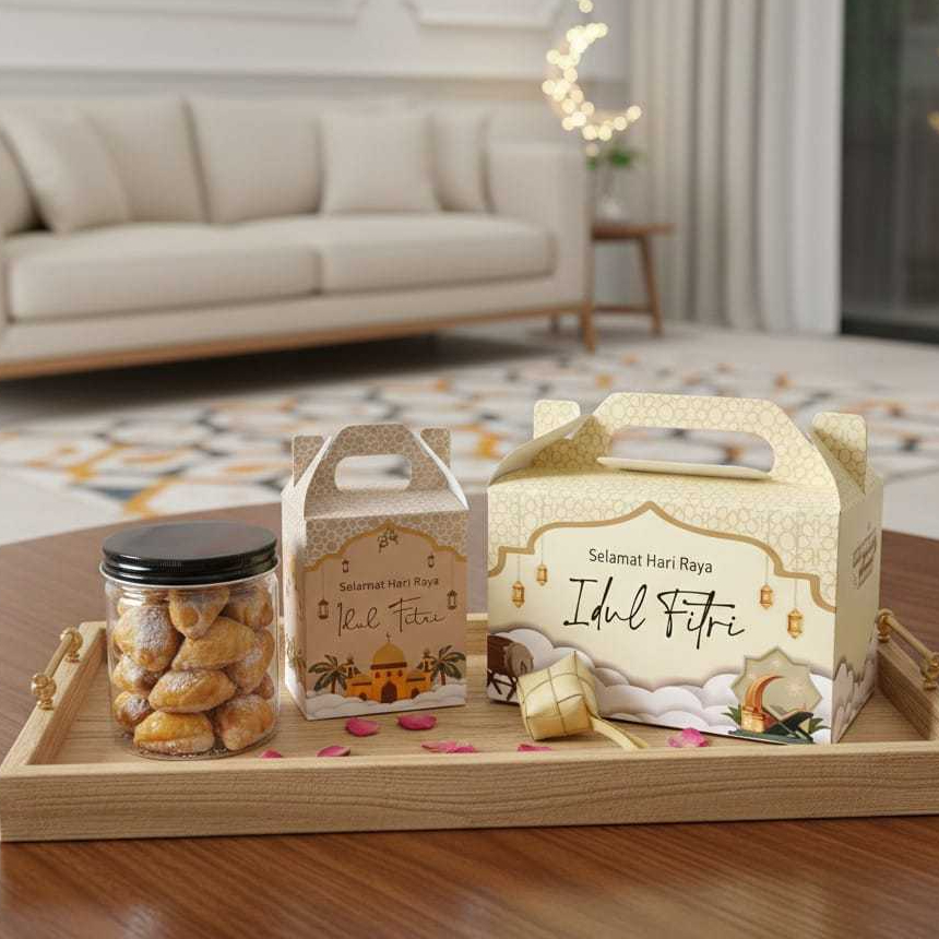 ( isi 10 ) Box Lebaran Idul Fitri Gable Box / Box Jinjing Lebaran Kraft Ivory Muat Toples Tabung Bul