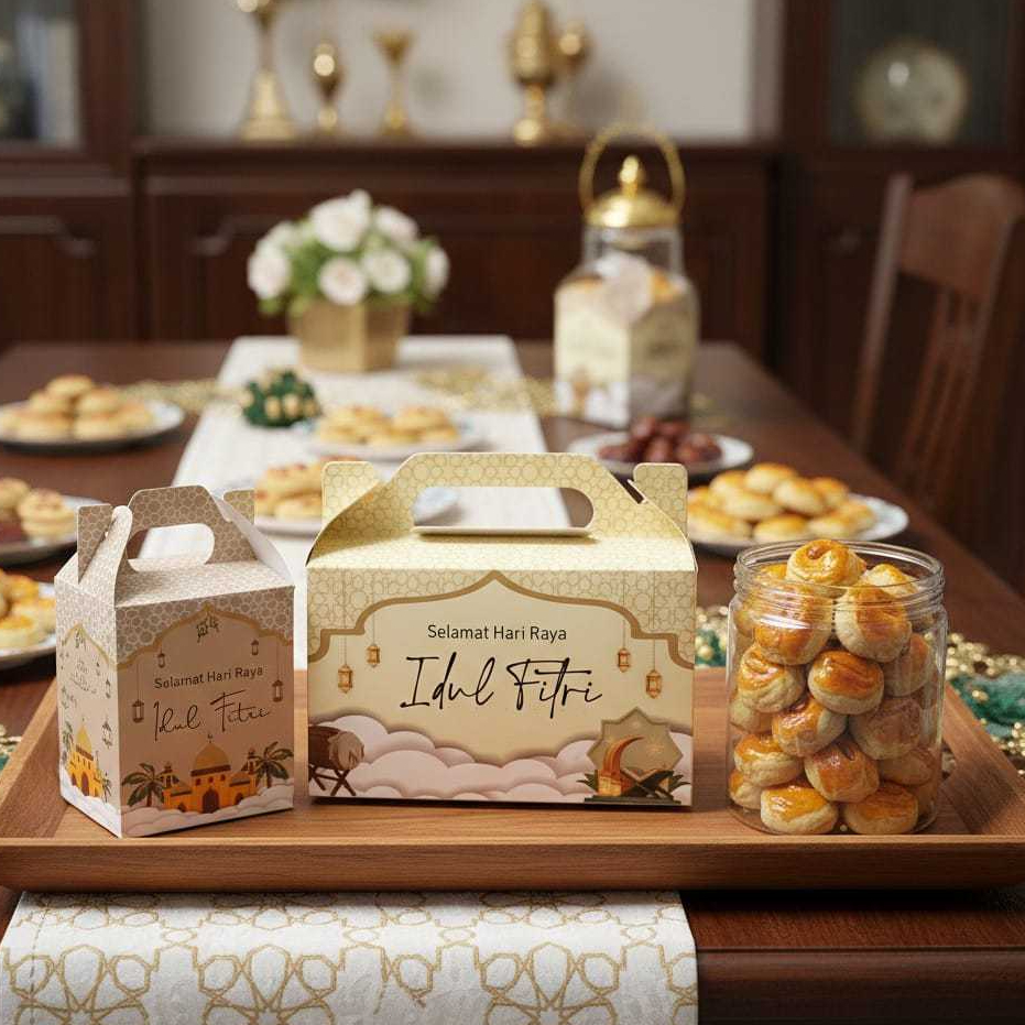 ( isi 10 ) Box Lebaran Idul Fitri Gable Box Kotak Kue Kering Nastar Box Jinjing Lebaran Ivory Muat T