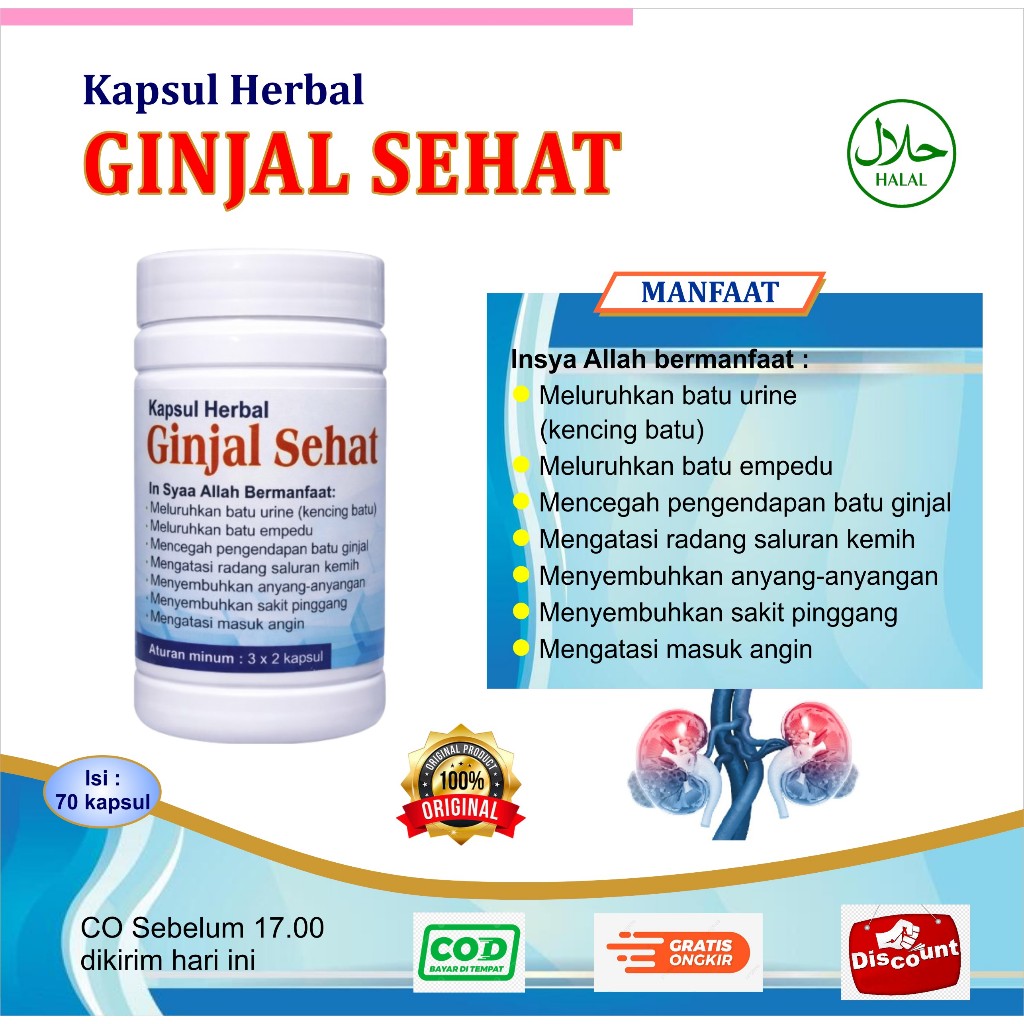 OBAT GINJAL AMAN  I  KAPSUL HERBAL GINJAL SEHAT I KAPSUL HERBAL UNTUK GINJAL isi 70 kapsul