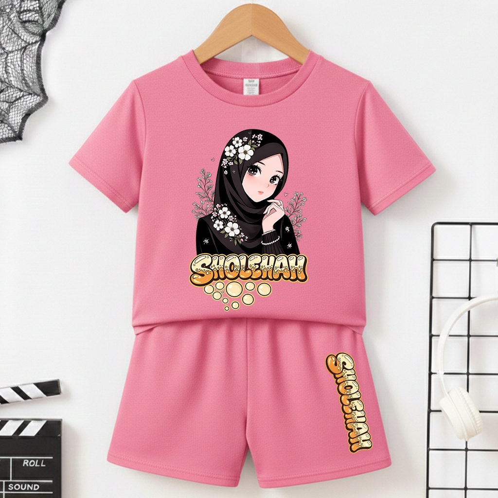 Baju Setelan Anak Perempuan Muslim Sholehah Adem Premium Lengan Pendek Celana Pendek Umur 1-10 Tahun