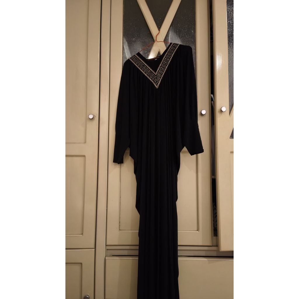 abaya Batwing Jersey arab hitam hiasan benang emas