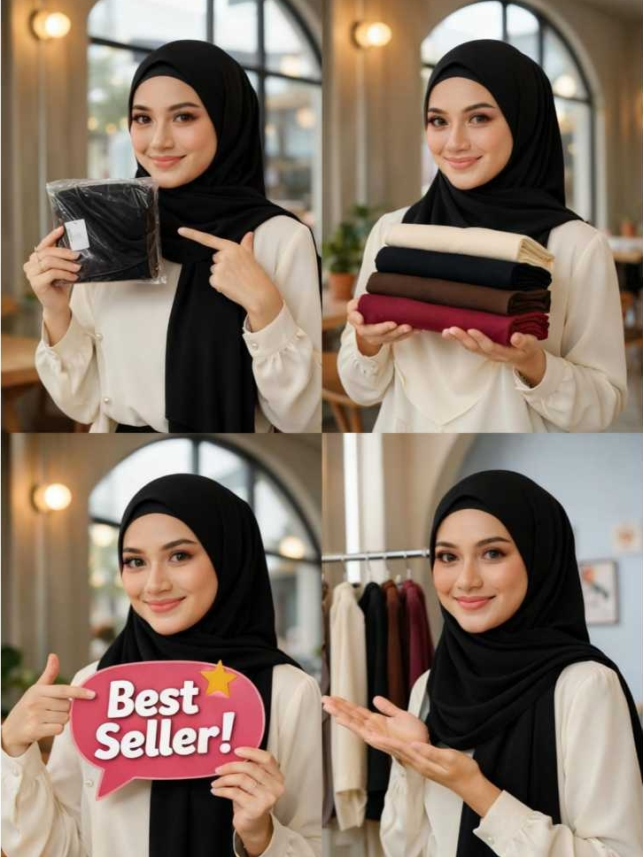 Hijab Pasmina Instan-Putih Tulang/BW Bahan Rayon Kaos Premium Import