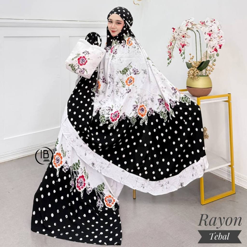 Mukena Dewasa Rayon Tebal Motif Polkadot & Bunga Hitam Putih | Adem & Jatuh Mukena Batik Cap