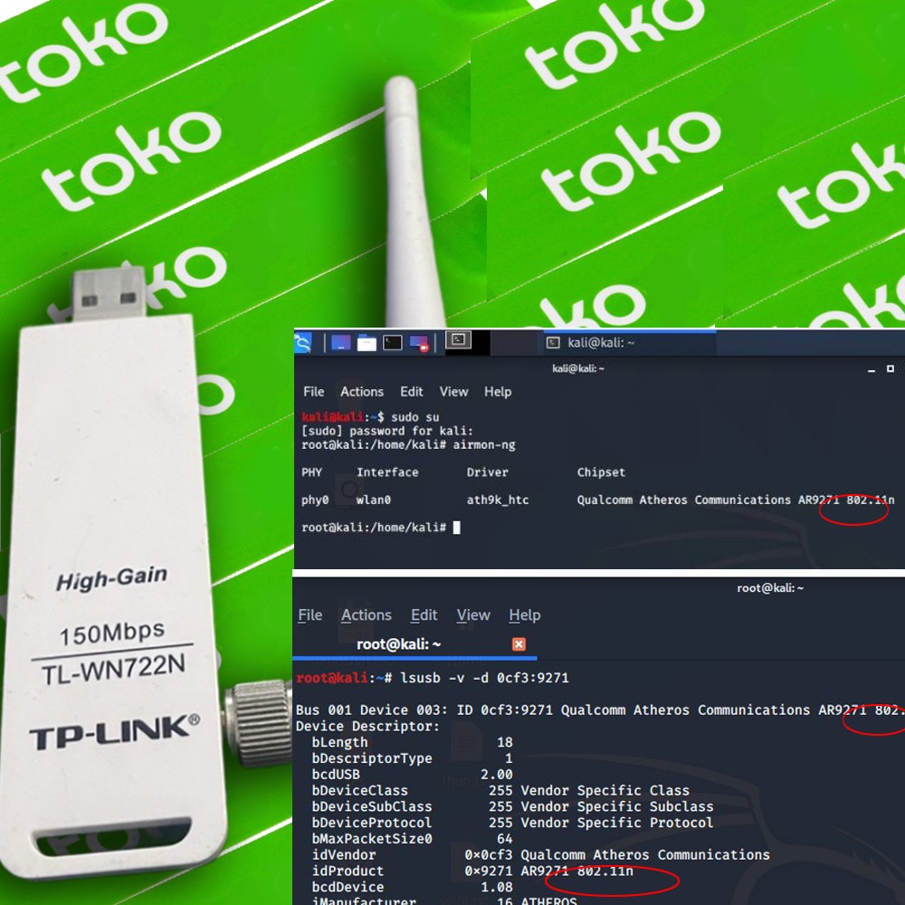 Dongle USB Wifi Adapter TP Link TL-WN722n v1 ver versi 1 chipset Atheros AR9271 Air Crack Airgeddon 