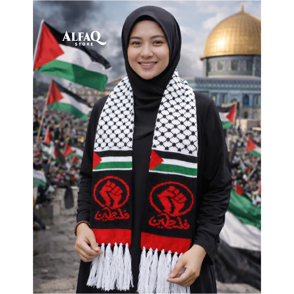 Syal Palestina Rajut Dewasa Pria Wanita – Keffiyeh Scarf Solidaritas Premium motif logo