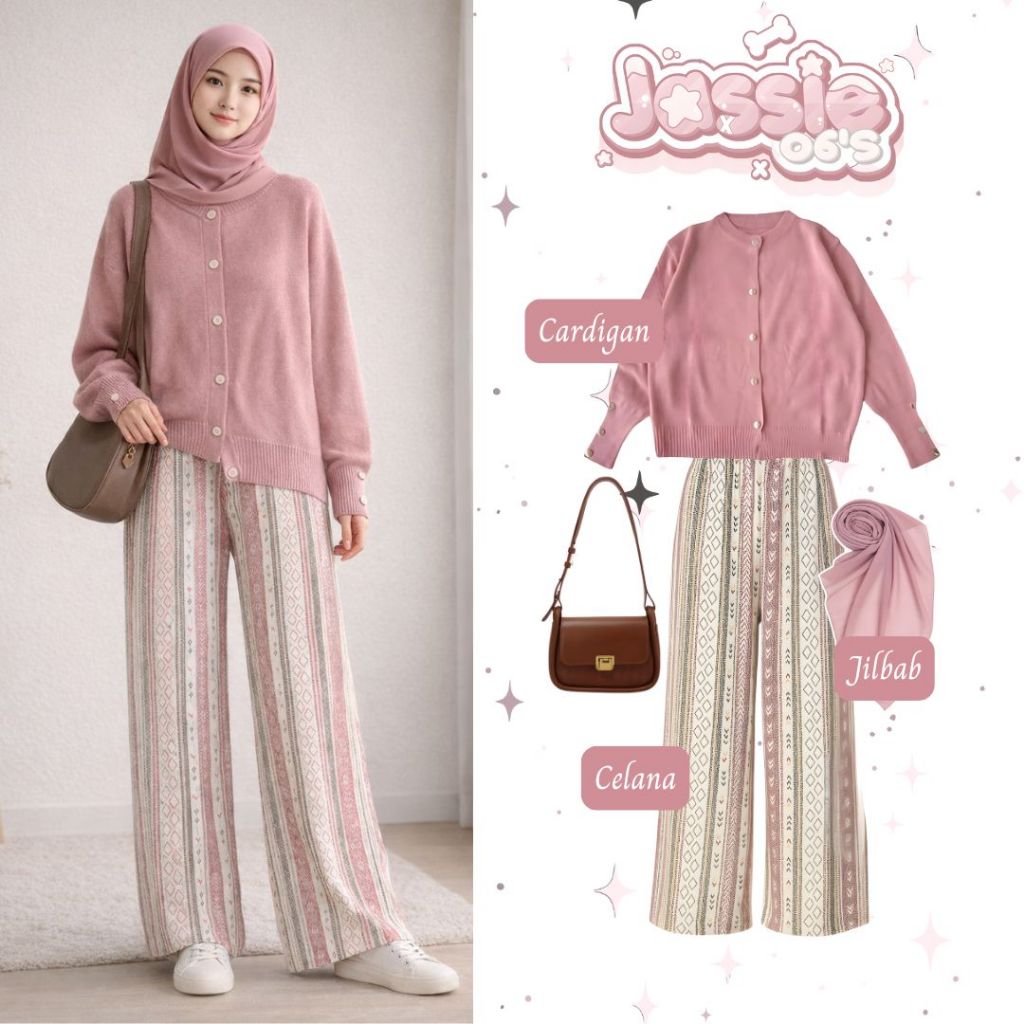 Outfit One set 3in1 (cardigan, celana kulot hommy rayon, jilbab) ootd cewek remaja kekinian hijab sa