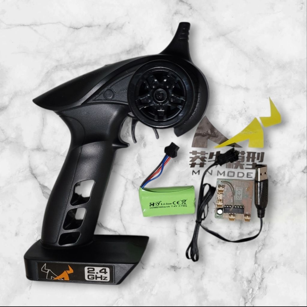 Remot Transmitter TX + Reciver RX dan Baterai 2s+charger +motor sterring Original New