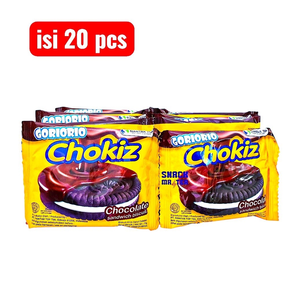 20 Bungkus Biskuit Goriorio Chokiz - Coklat Lapis Coklat, 9.5g per Bungkus
