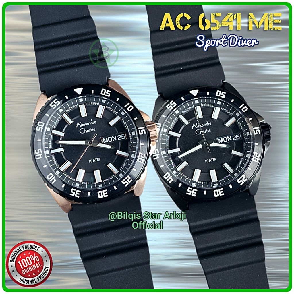 Alexandre Christie Diver Ac 6541 ME Day Date Tali Karet Hitam Original