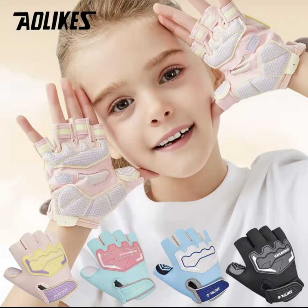 AOLIKES 125 Sarung Tangan Olahraga Sepeda Anak Kids Sports Gloves Anti Slip Half Finger Pelindung Tangan