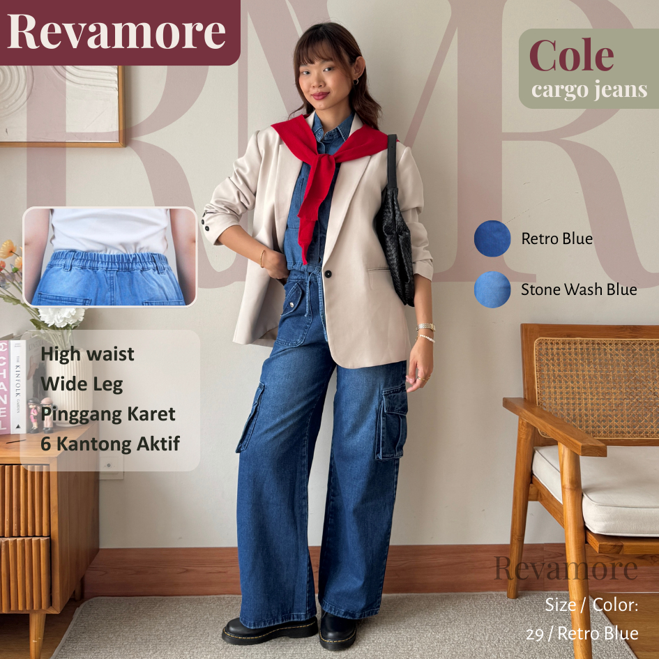 REVAMORE Cole Jeans - Celana Panjang Wanita Cargo Kargo Loose Jeans Denim High Waist