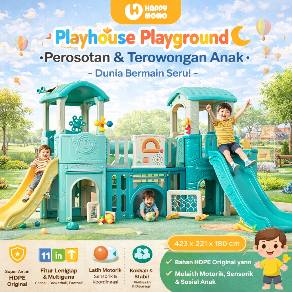 Happy Momo Playground Anak H2303 –Perosotan & Terowongan Roket, Mainan Rumah-Rumahan Indoor Outdoor