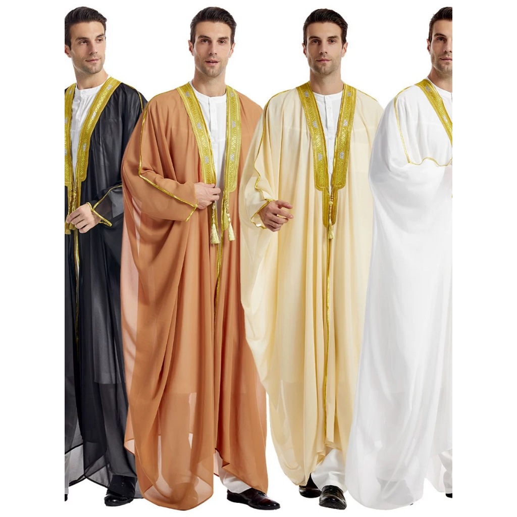 Jubah pria sederhana dan elegan dengan sulaman, lengan panjang, rumbai-manik emas, bahan sifon, empa