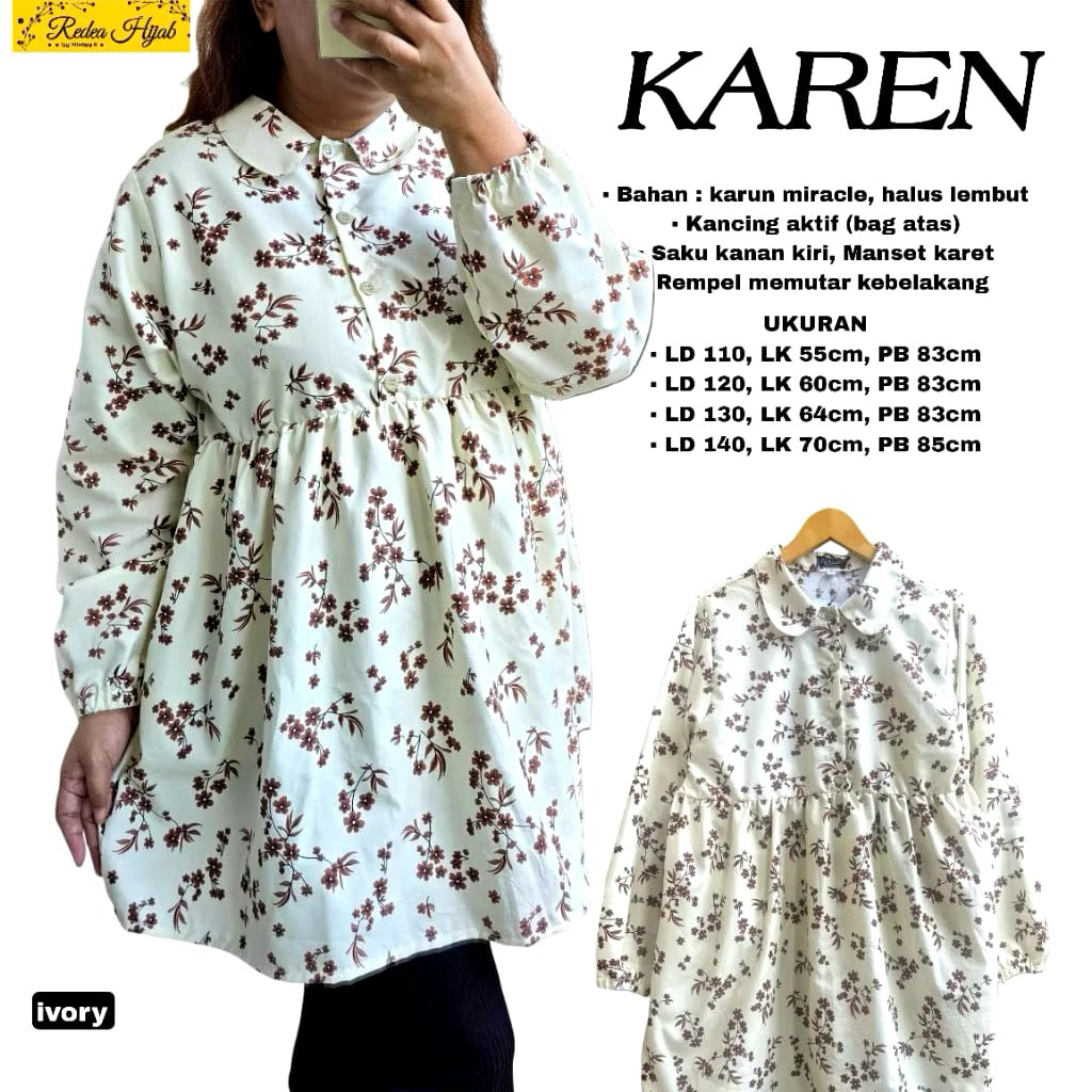 Atasan Wanita Muslimah Karen Jumbo Tunik Bahan Katun Miracle Motif Bunga Busui Friendly LD110-140