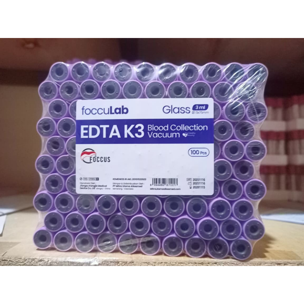 Tabung darah - EDTA 3ml - Vacutainer EDTA Blood Collection Tube Ungu FOCCUS Tabung EDTA 100 pcs