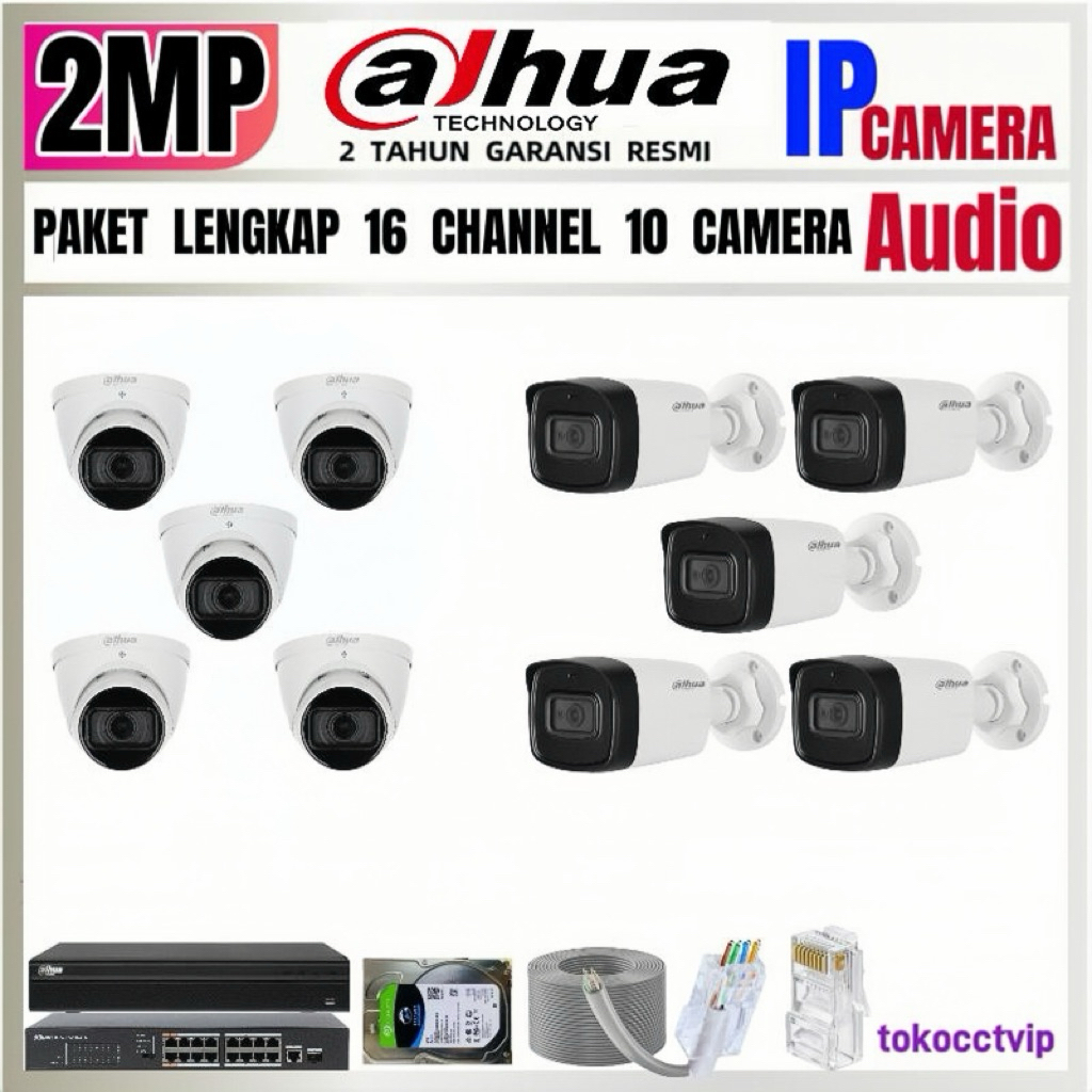 PAKET CCTV DAHUA  IP  KAMERA 2MP AUDIO  16 CH  10 KAMERA ( REKAM  SUARA ) KOMPLIT