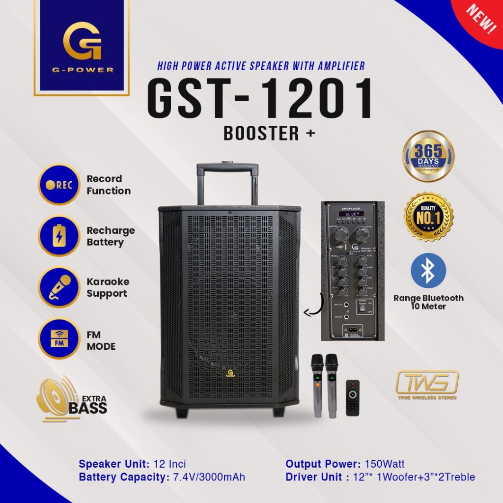 G-POWER Speaker Gst 1201 Booster+ Speaker Aktif 12” 150W Power Booster Bluetooth Karaoke Portable