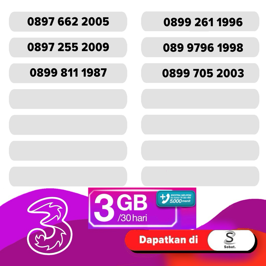 Kartu Perdana Nomor Cantik Tri Seri Tahun